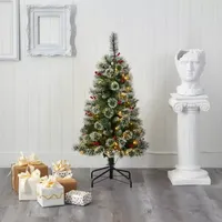 Nearly Natural 4 Foot Frosted Swiss Flocked Pine With  Berries And 100 Clear Led Lights Pre-Lit Artificial Christmas Tree