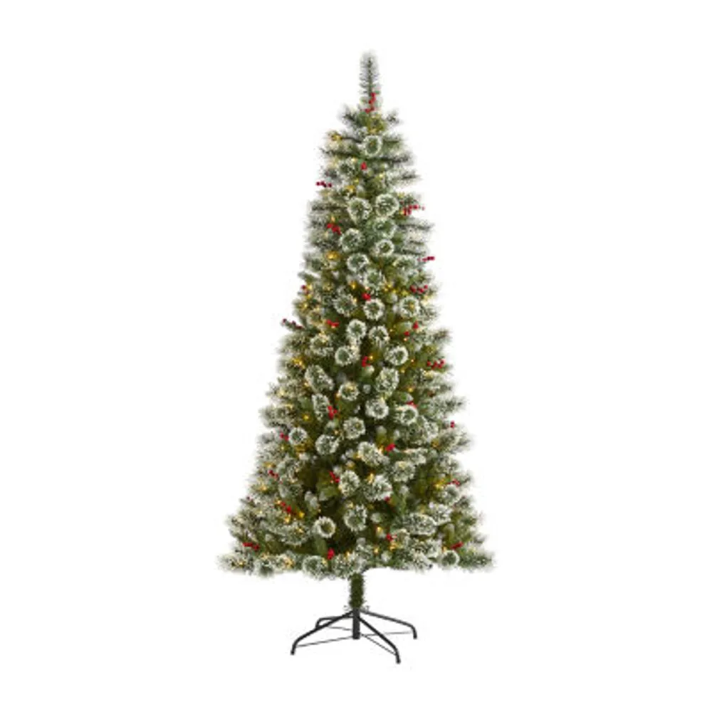 Nearly Natural 7 Foot Flocked Pine Pre-Lit Christmas Tree