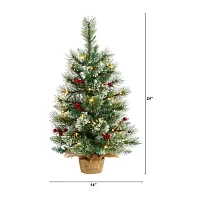 Nearly Natural 2 Foot Flocked Pine Pre-Lit Christmas Tree