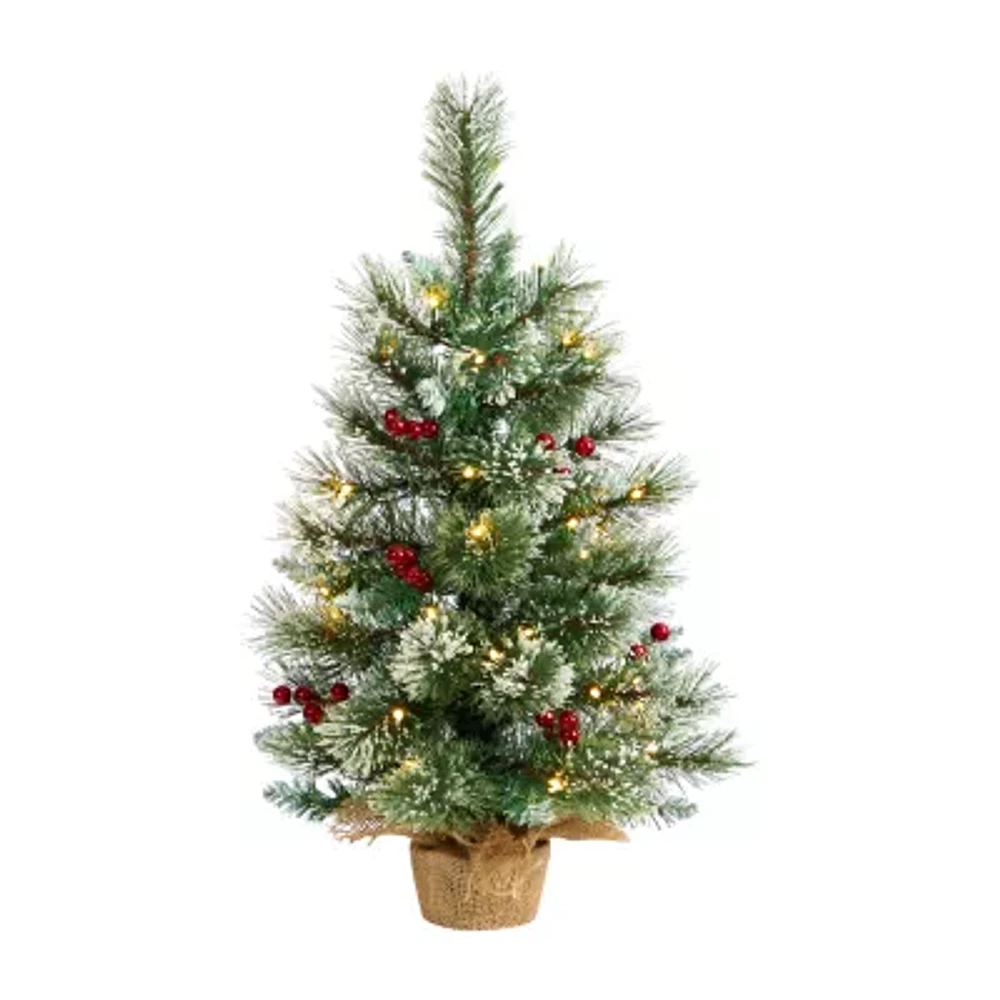 Nearly Natural 2 Foot Flocked Pine Pre-Lit Christmas Tree