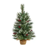 Nearly Natural 2 Foot Flocked Pine Pre-Lit Christmas Tree