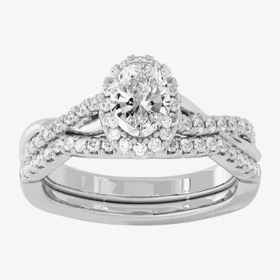 Signature By Modern Bride (H-I / Si1-Si2) Womens 1 1/5 CT. T.W. Lab Grown White Diamond 10K Gold Oval Side Stone Halo Bridal Set