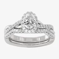 Signature By Modern Bride (H-I / Si1-Si2) Womens 1 1/5 CT. T.W. Lab Grown White Diamond 10K Gold Oval Side Stone Halo Bridal Set