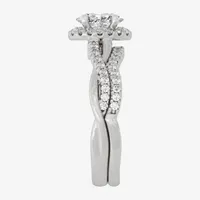 Signature By Modern Bride (H-I / Si1-Si2) Womens 1 1/5 CT. T.W. Lab Grown White Diamond 10K Gold Oval Side Stone Halo Bridal Set