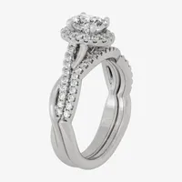 Signature By Modern Bride (H-I / Si1-Si2) Womens 1 1/5 CT. T.W. Lab Grown White Diamond 10K Gold Oval Side Stone Halo Bridal Set