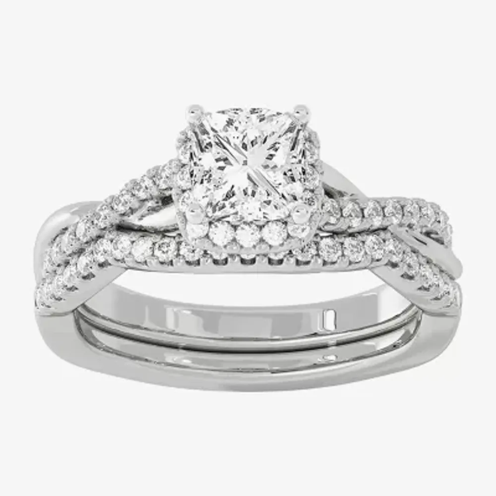 Signature By Modern Bride (H-I / Si1-Si2) Womens 1 1/ CT. T.W. Lab Grown White Diamond 10K Gold Side Stone Halo Bridal Set