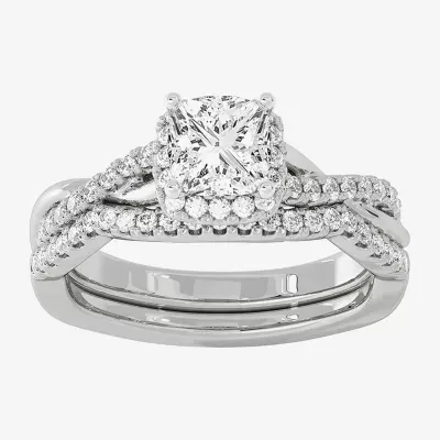 Signature By Modern Bride (H-I / Si1-Si2) Womens 1 1/ CT. T.W. Lab Grown White Diamond 10K Gold Side Stone Halo Bridal Set