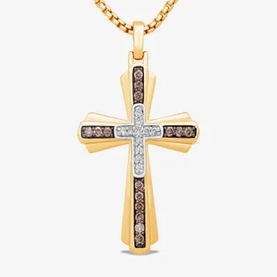 Mens 1/2 CT. T.W. Natural Champagne Diamond 14K Gold Over Silver Sterling Silver Cross Pendant Necklaces