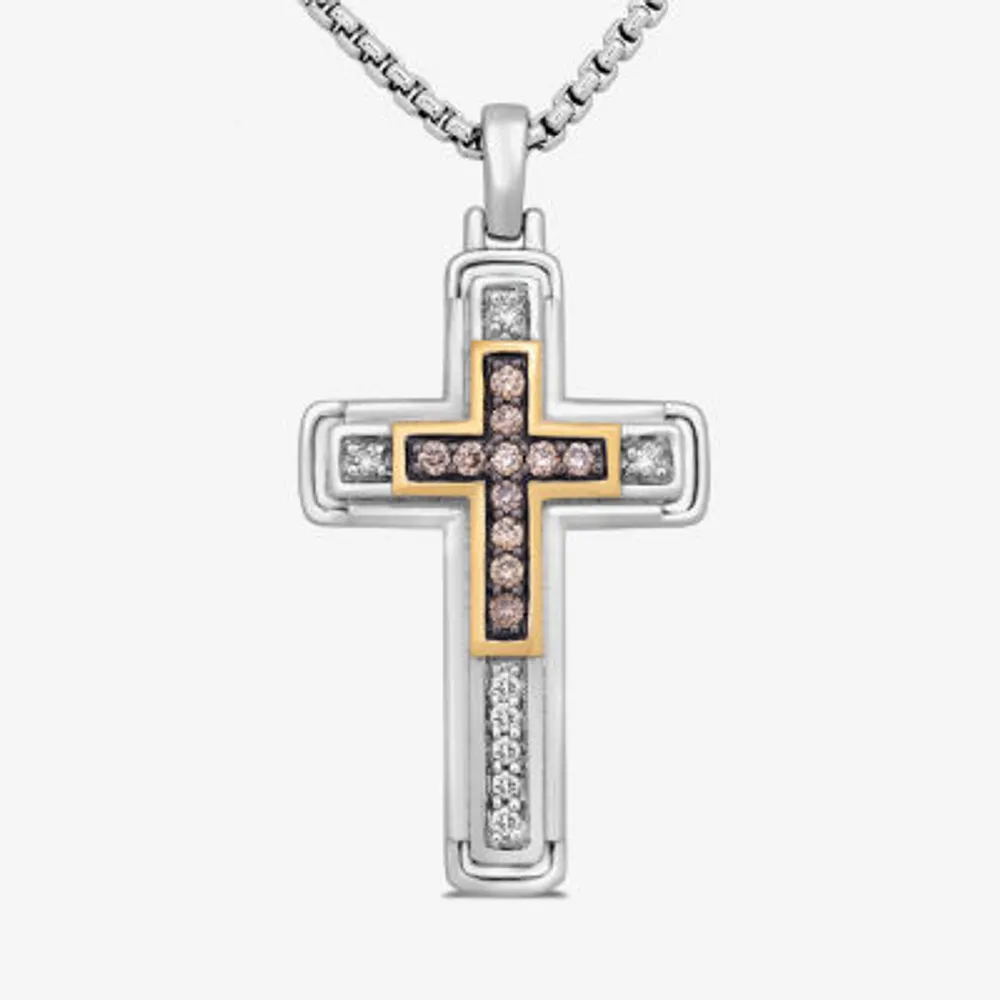 Mens 1/3 CT. T.W. Natural Champagne Diamond 14K Gold Over Silver Sterling Silver Cross 22 Inch Pendant Necklace