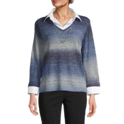 Alfred Dunner Lake Placid Womens 3/4 Sleeve Ombre Pullover Sweater