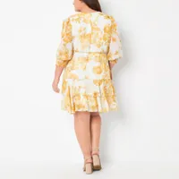 Danny & Nicole Womens 3/4 Sleeve Floral Fit + Flare Dress Plus