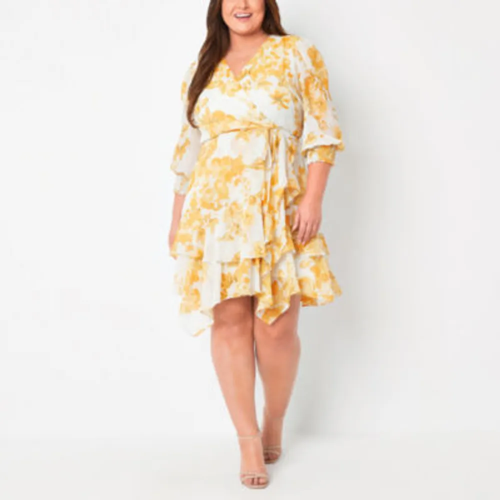 Danny & Nicole Womens 3/4 Sleeve Floral Fit + Flare Dress Plus