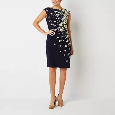 Black Label by Evan-Picone Womens Short Sleeve Floral Sheath Dress