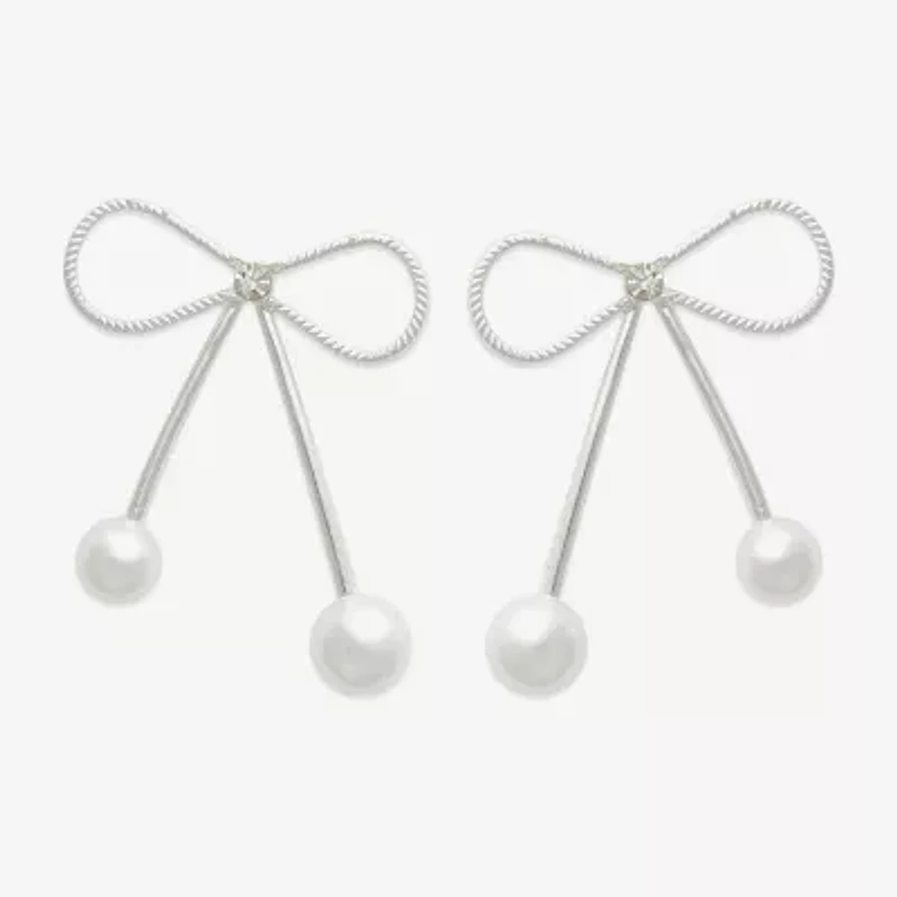 Bold Elements Silver Tone Glass Simulated Pearl Bow Drop Earrings