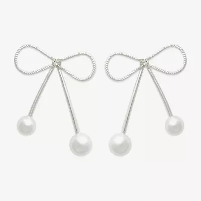 Bold Elements Silver Tone Glass Simulated Pearl Bow Drop Earrings