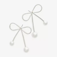 Bold Elements Silver Tone Glass Simulated Pearl Bow Drop Earrings