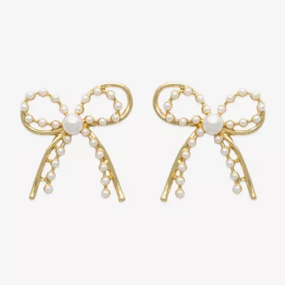 Bold Elements Gold Tone Simulated Pearl Bow Drop Earrings