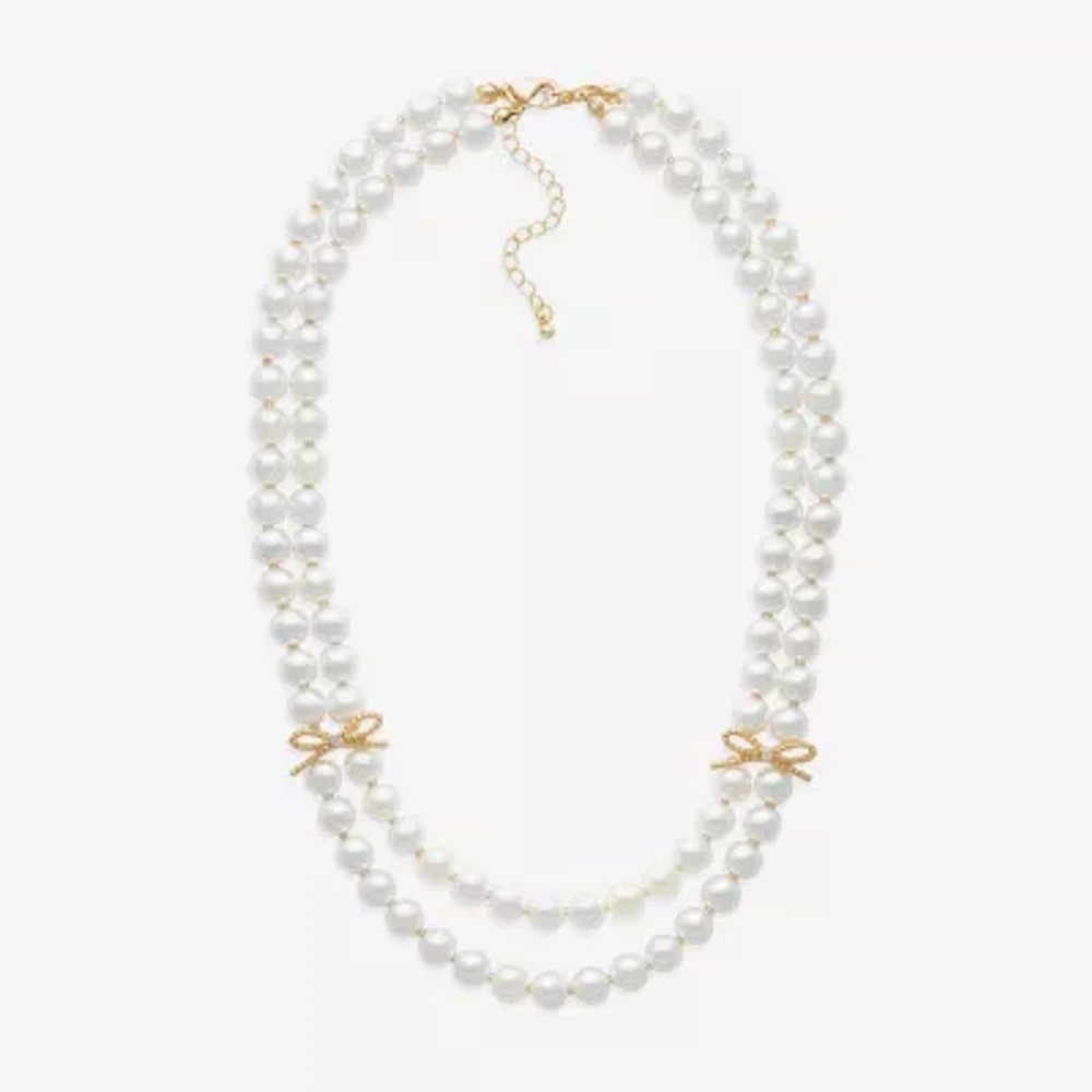 Bold Elements Gold Tone Glass Simulated Pearl 18 Inch Bead Bow Strand Necklace