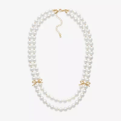 Bold Elements Gold Tone Glass Simulated Pearl 18 Inch Bead Bow Strand Necklace