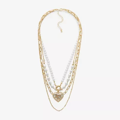 Bold Elements Gold Tone Simulated Pearl 20 Inch Fashion Heart Strand Necklace