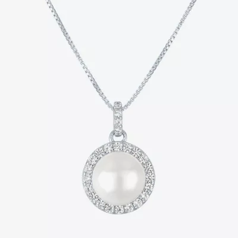 Womens White Cultured Freshwater Pearl Sterling Silver Round Pendant Necklace