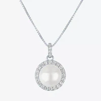 Womens White Cultured Freshwater Pearl Sterling Silver Round Pendant Necklace