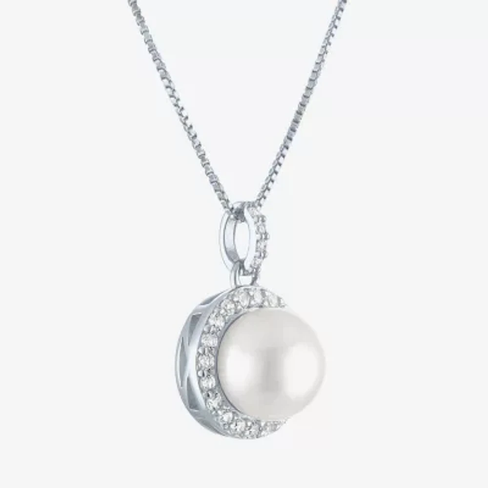 Womens White Cultured Freshwater Pearl Sterling Silver Round Pendant Necklace