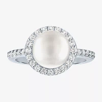 Womens 9MM White Cultured Freshwater Pearl Sterling Silver Round Halo Side Stone Cocktail Ring