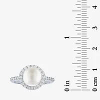 Womens 9MM White Cultured Freshwater Pearl Sterling Silver Round Halo Side Stone Cocktail Ring