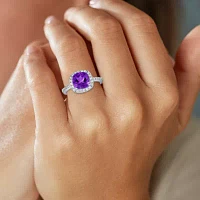 Womens Gemstone Sterling Silver Halo Cushion Cocktail Ring