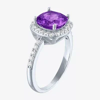 Womens Gemstone Sterling Silver Halo Cushion Cocktail Ring