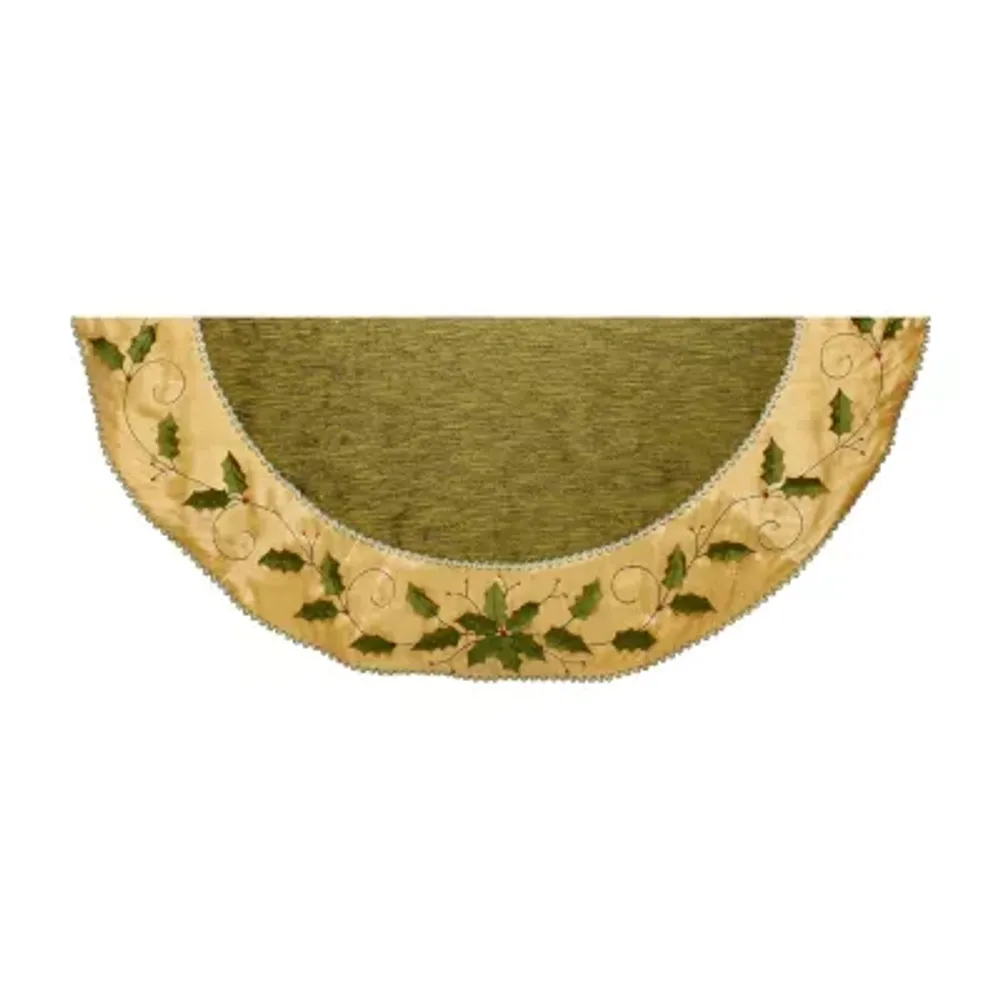 Kurt Adler 54" Green and Gold With Holly Leaves Embroidered Tree Skirt