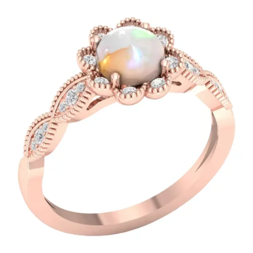 Womens Lab Created Opal 10K Rose Gold Over Silver Halo Cocktail Ring