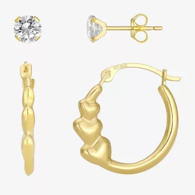 White Cubic Zirconia 10K Gold Round 2 Pair Earring Set