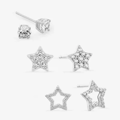 White Cubic Zirconia Sterling Silver Star 3 Pair Earring Set