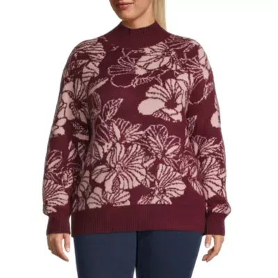 Liz Claiborne Plus Womens Mock Neck Long Sleeve Floral Pullover Sweater