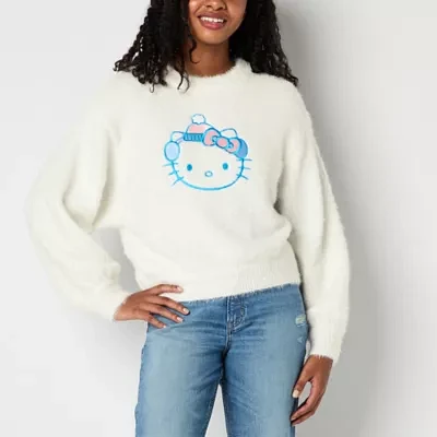 Juniors Hello Kitty  Snow Angel Eyelash Sweater Womens Crew Neck Long Sleeve Pullover