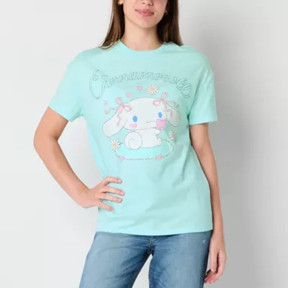 Juniors Cinnamoroll Coquette Boyfriend Womens Crew Neck Short Sleeve Hello Kitty Graphic T-Shirt