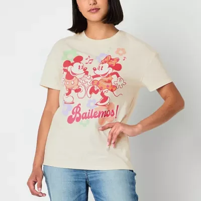 Juniors Mickey and Minnie Bailamos Boyfriend Tee Womens Crew Neck Short Sleeve Friends Graphic T-Shirt