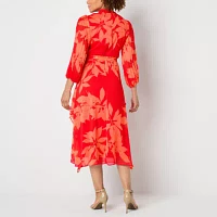 Melonie T Womens 3/4 Sleeve Floral Midi Fit + Flare Dress