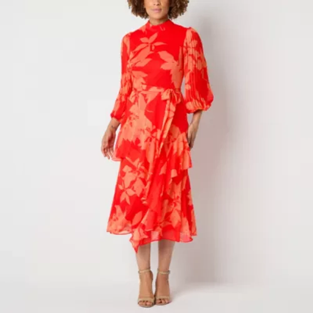 Melonie T Womens 3/4 Sleeve Floral Midi Fit + Flare Dress