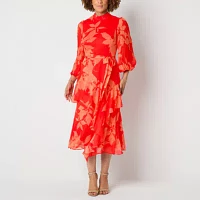 Melonie T Womens 3/4 Sleeve Floral Midi Fit + Flare Dress