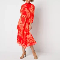 Melonie T Womens 3/4 Sleeve Floral Midi Fit + Flare Dress