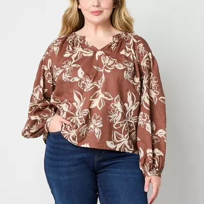 a.n.a Plus Embroidered Womens Long Sleeve Blouse