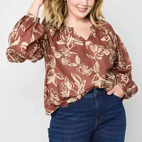 a.n.a Plus Embroidered Womens Long Sleeve Blouse