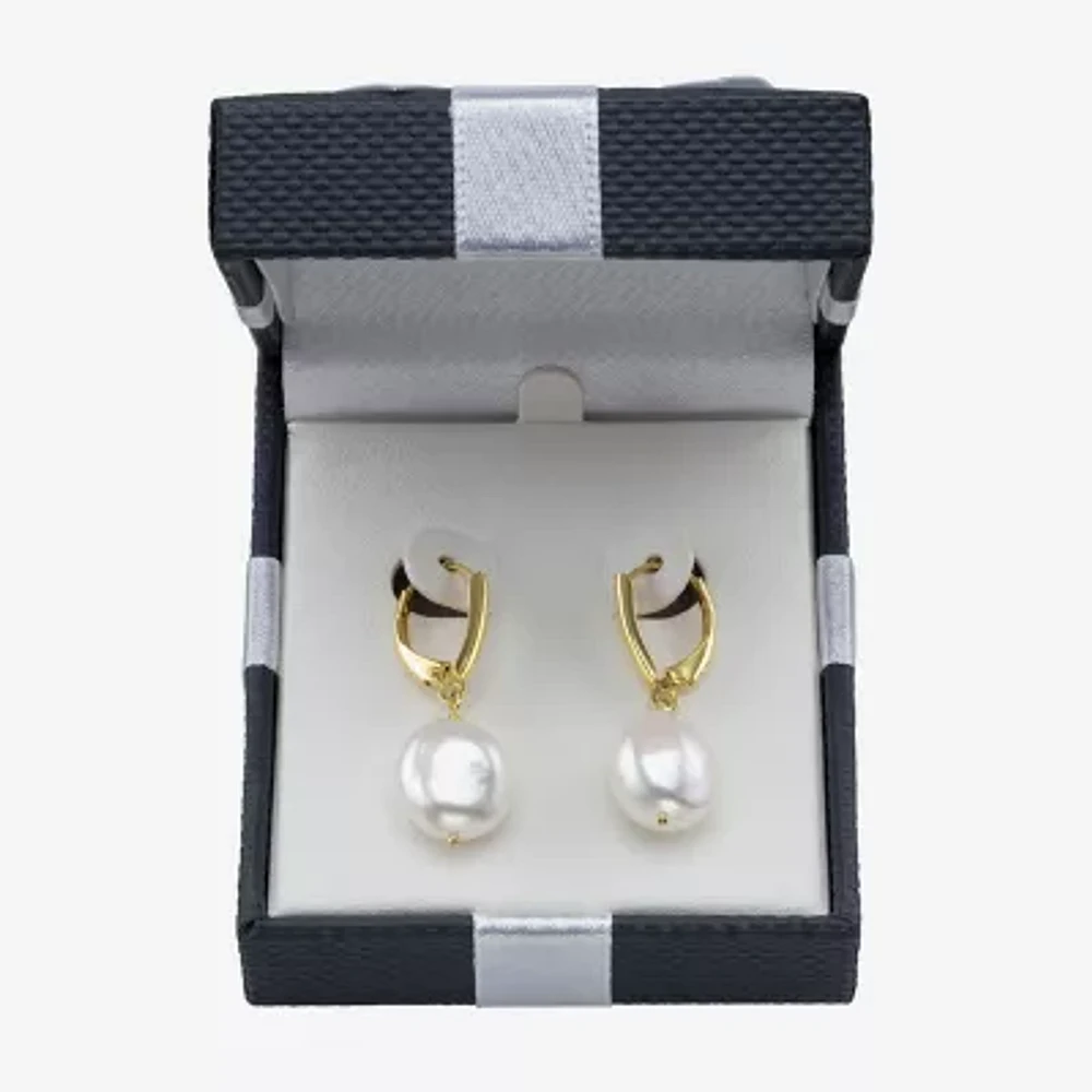 Genuine White Cultured Freshwater Pearl 14K Gold Over Silver Drop Earrings