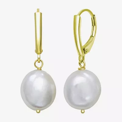 Genuine White Cultured Freshwater Pearl 14K Gold Over Silver Drop Earrings