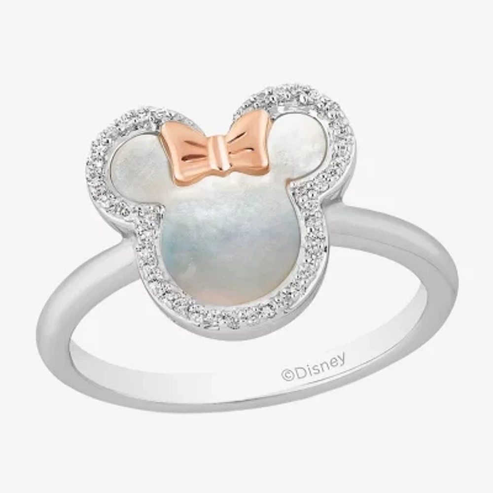 Disney Jewels Collection Womens 1/10 CT. T.W. Genuine White Mother Of Pearl 10K Rose Gold Sterling Silver Bow Minnie Mouse Cocktail Ring