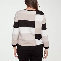 Alfred Dunner Romancing The Stone Womens Crew Neck 3/4 Sleeve Striped Pullover Sweater