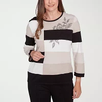 Alfred Dunner Romancing The Stone Womens Crew Neck 3/4 Sleeve Striped Pullover Sweater